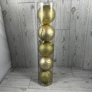 Fancy Christmas Ornaments 5 Pack Gold Glitter Round Festive Holiday Elegant Luxe
